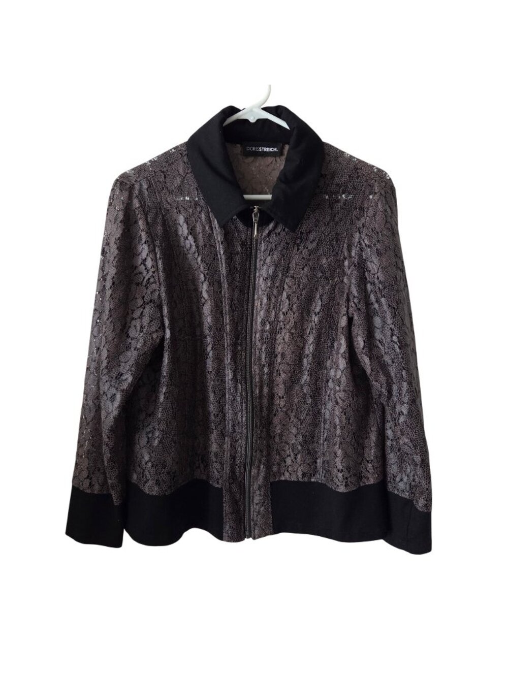 Doris Streich Womens Size 42 Black Brown Bomber Jacket Zip Closure Collar Cutout